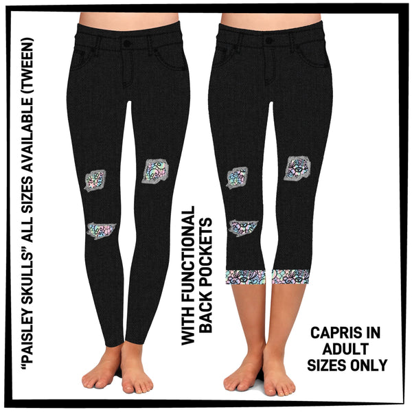 PK1B - Paisley Skulls Leggings & Capris with High Side Pockets - Preorder ETA: Early July