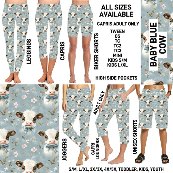 232BT - Baby Blue Cow Biker/Capris/Leggings with High Side Pockets - Preorder ETA: Mid-Nov