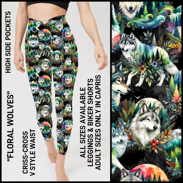 CR1V - Floral Wolves Criss Cross V-Waist Biker/Capris/Leggings with High Side Pockets - Preorder ETA: Late Dec