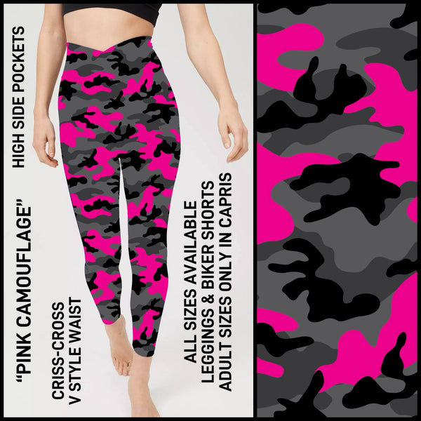 CR1V - Pink Camouflage Criss Cross V-Waist Biker/Capris/Leggings with High Side Pockets - Preorder ETA: Late Dec