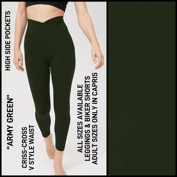 CR1V - Army Green Criss Cross V-Waist Biker/Capris/Leggings with High Side Pockets - Preorder ETA: Late Dec