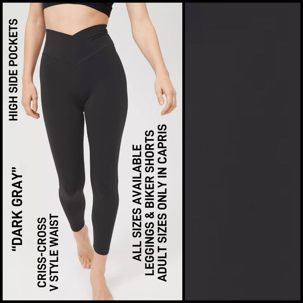 CR1V - Dark Gray Criss Cross V-Waist Biker/Capris/Leggings with High Side Pockets - Preorder ETA: Late Dec