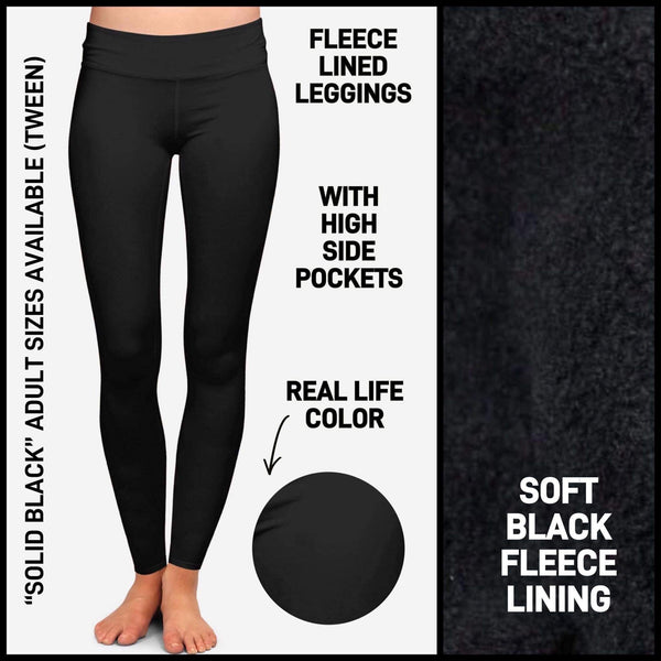 RTS - Solid Black Fleece-Lined Leggings with High Side Pockets